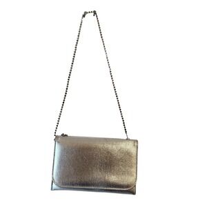 Vintage Silver Metallic Clutch Purse Rhinestone Chain Strap Evening Prom Wedding